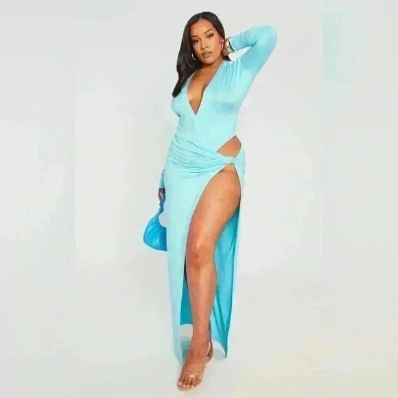 PrettyLittleThings Women’s Blue Plunge Soft Feel Bodysuit Size L - Picture 6 of 6